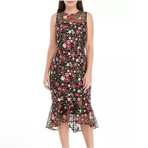 Calvin Klein Floral Embroidered Sleeveless Midi Dress with Ruffle Hem - Size 6